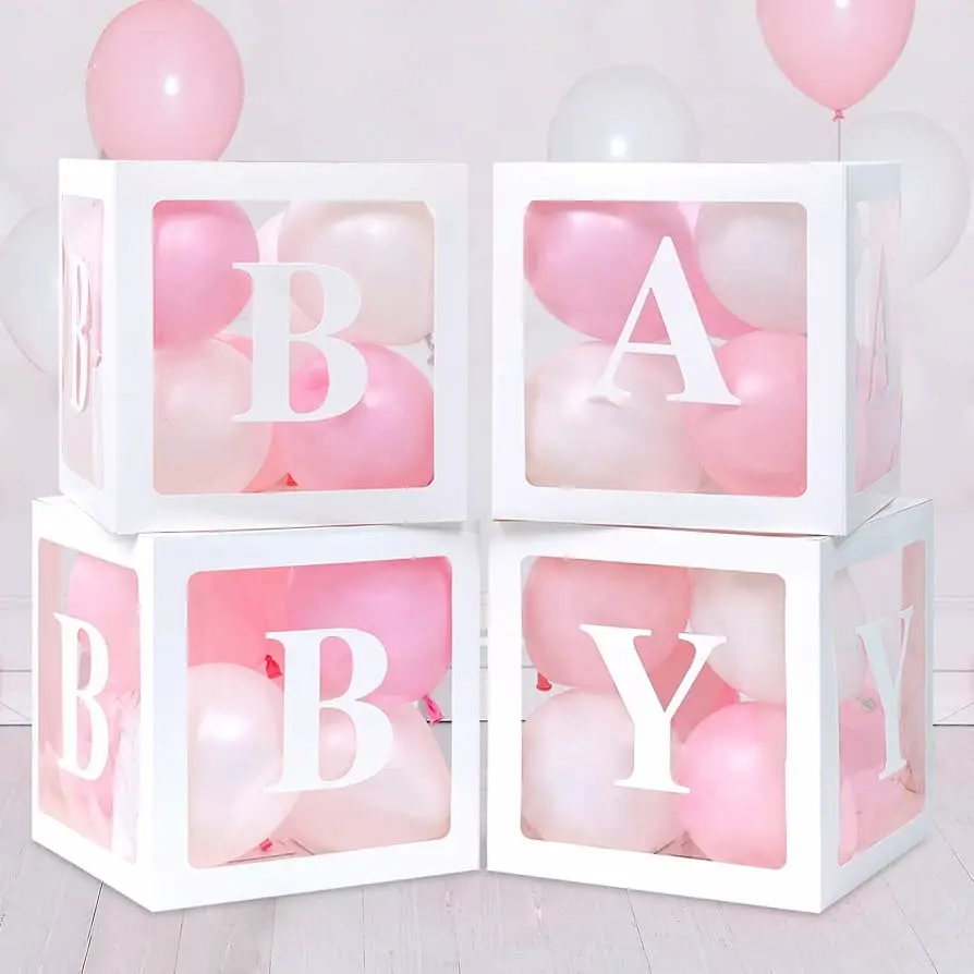 Baby Balloon carton/pvc Boxes, 4 boxes with adhesive letter cutouts BABY