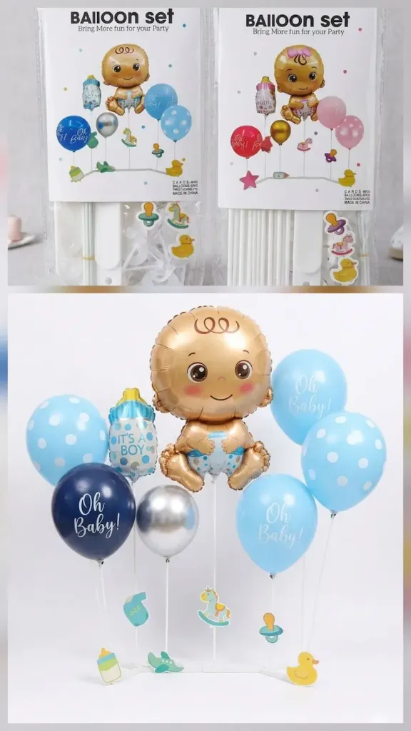 Stand with balloons, includes a large baby-shaped foil balloon, themed latex balloons , and bottle-shaped balloons. (Boy)