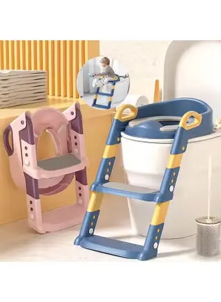 Adjustable children's potty training toilet seats with integrated step ladders and soft cushion