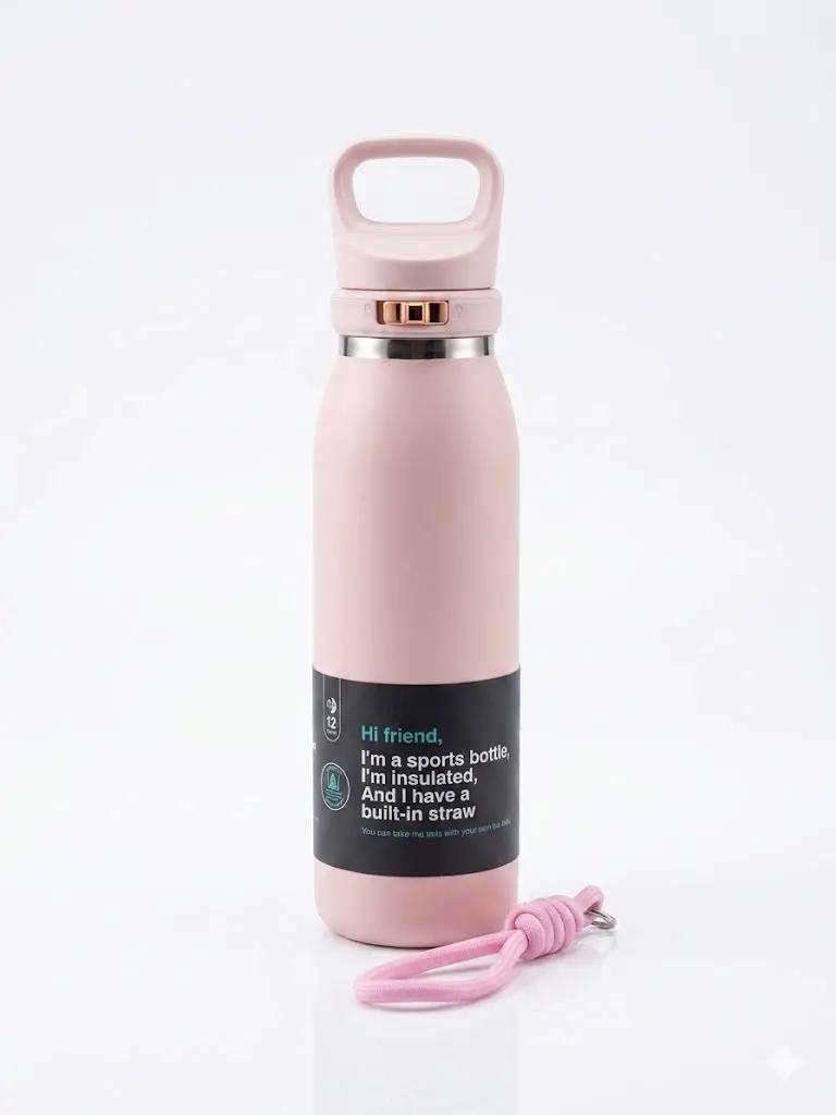 Pink Stainless Steel Sport Water Bottle featuring a built-in straw and a carry loop.