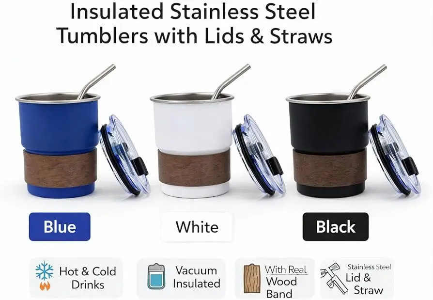 Vacuum-insulated stainless steel travel tumbler featuring a distinctive natural wood wrap grip. 300ml