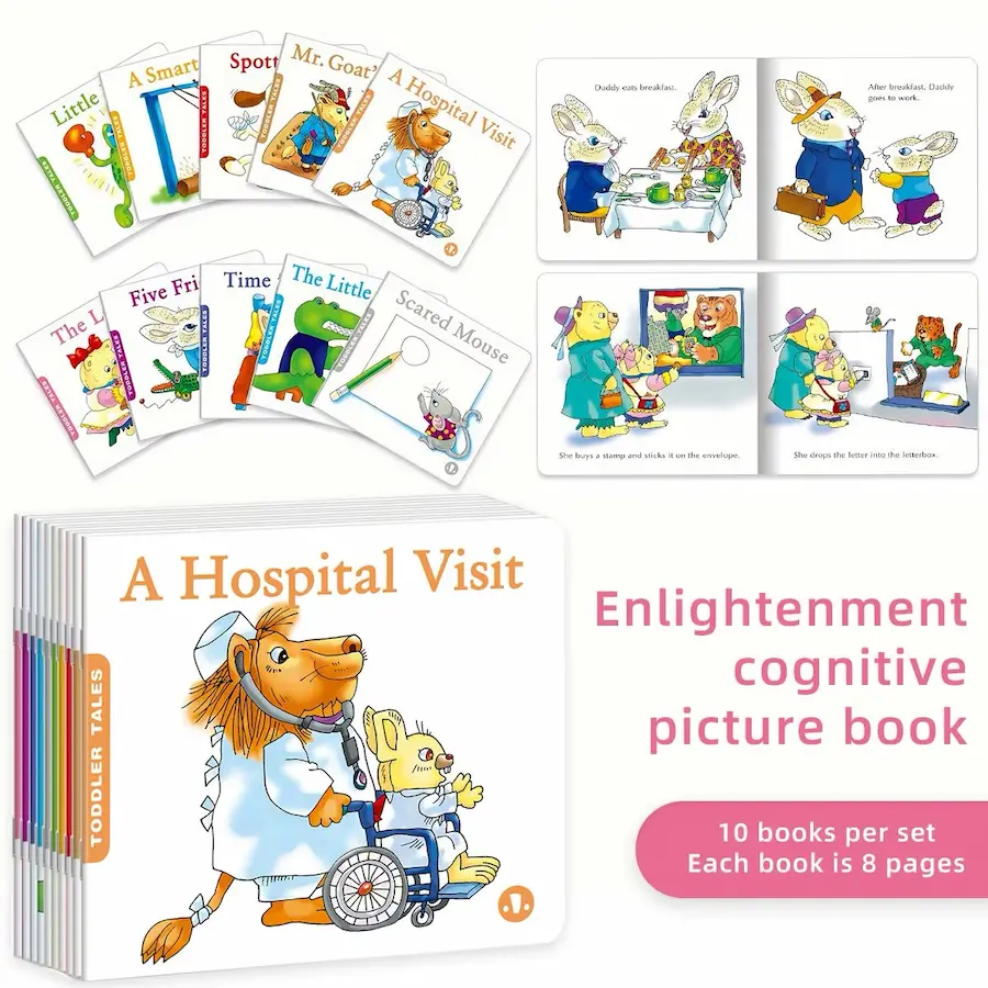 10-piece babies stories set featuring cartoon illustrations for early childhood reading.