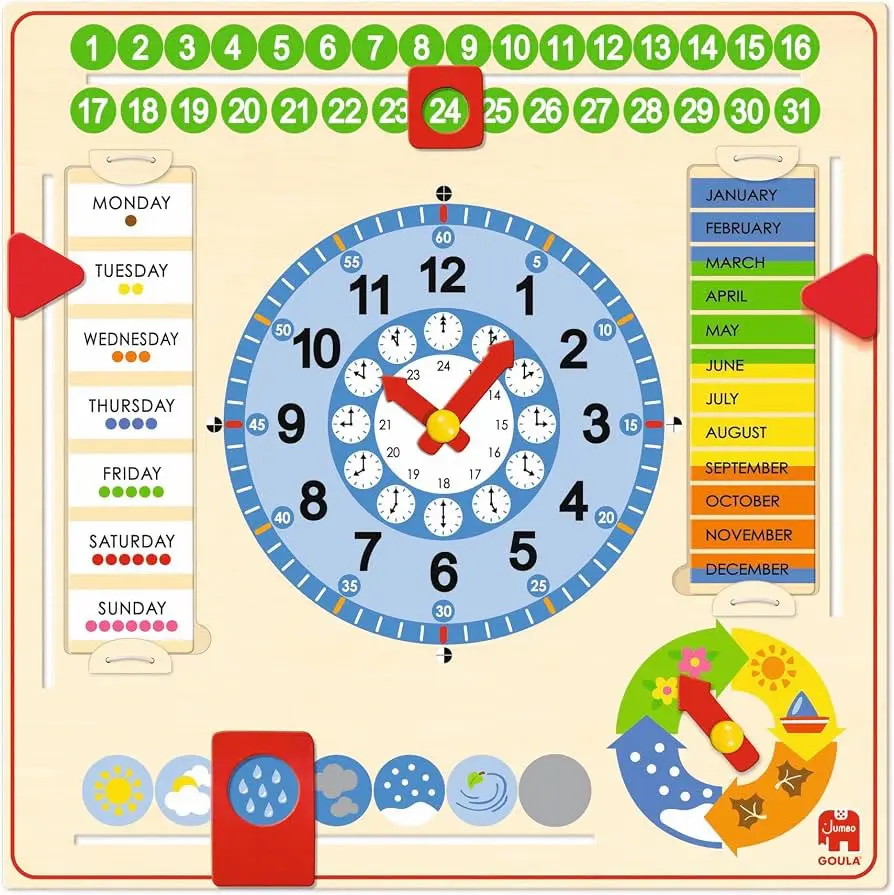 Montessori Educational Toy designed as a wooden calendar and clock board to teach children about time, dates, and weather. 44*44cm