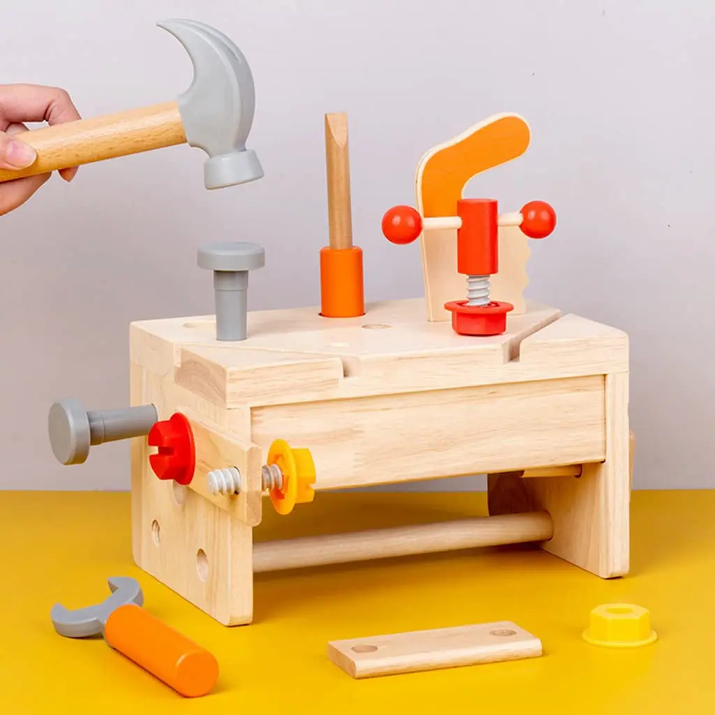 Toolbox Toy, featuring a wooden workbench set for DIY disassembly and assembly.