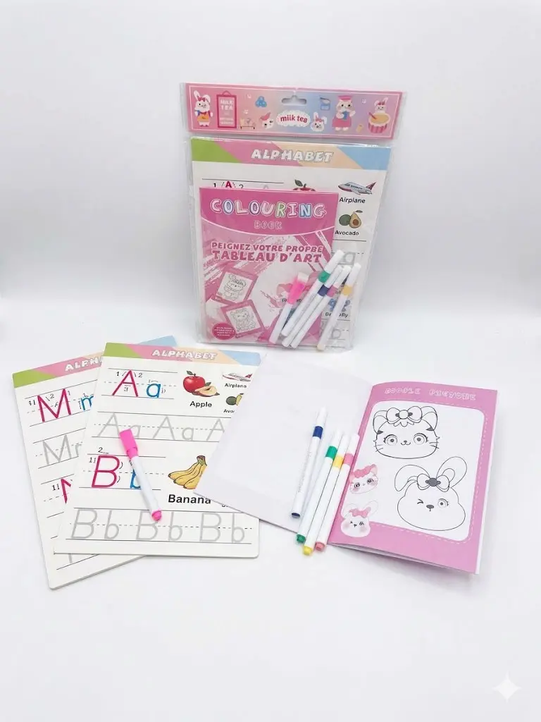 This children's educational art set includes a "Coloring Book" with alphabet tracing pages