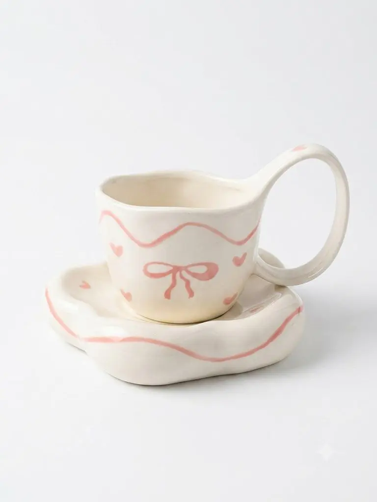 Hand painted mug pink bow and heart pattern on a creamy white base.