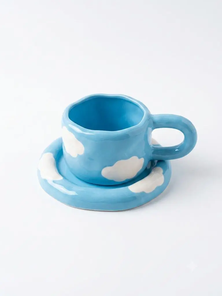 Blue handcrafted ceramic cloud cup and saucer set