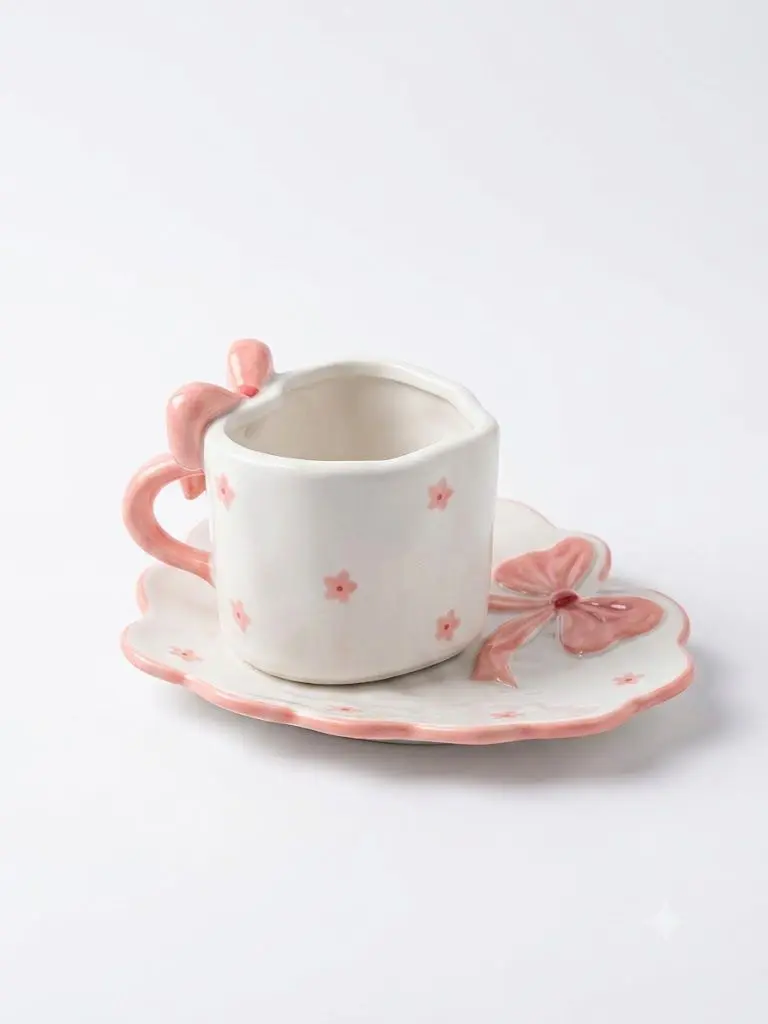Pink ceramic cup set features a distinctive 3D bow design on both the handle and the saucer