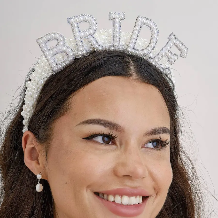 Bride headband  artificial pearls silver lettering