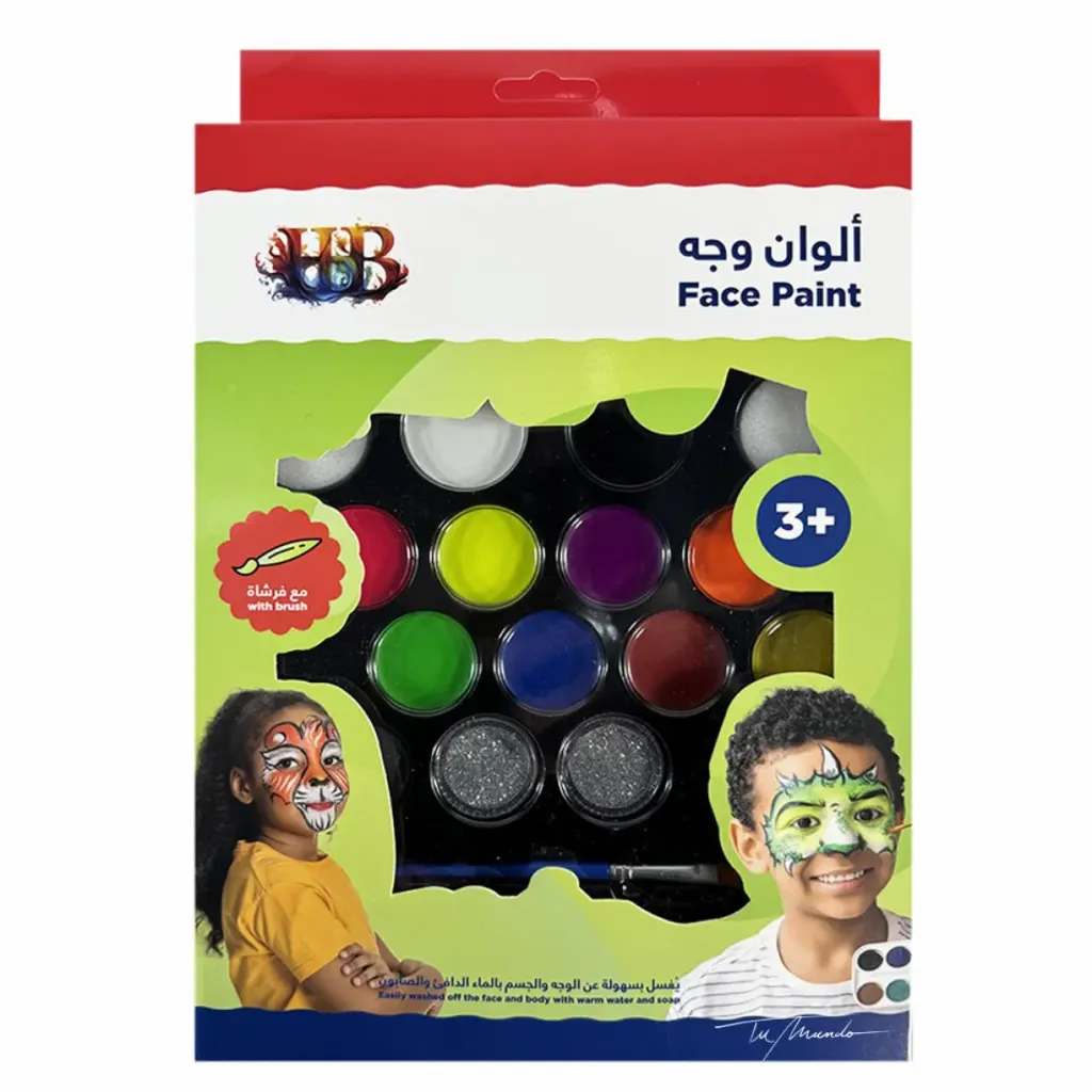 Face paint kit includes 15 vibrant colors and a brush for kids' creative activities.