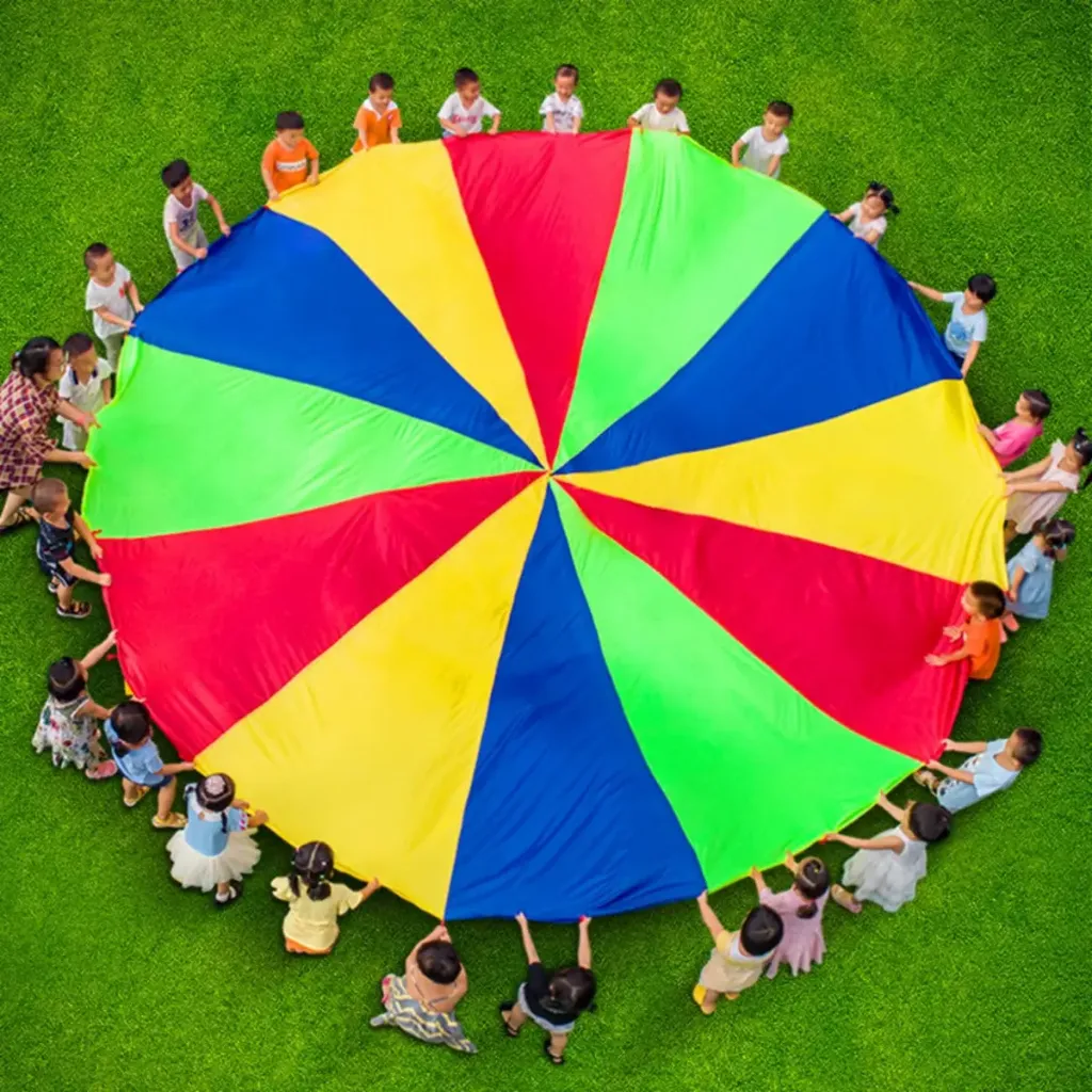 Children's rainbow play parachute designed for group games and physical activity. 3 meters