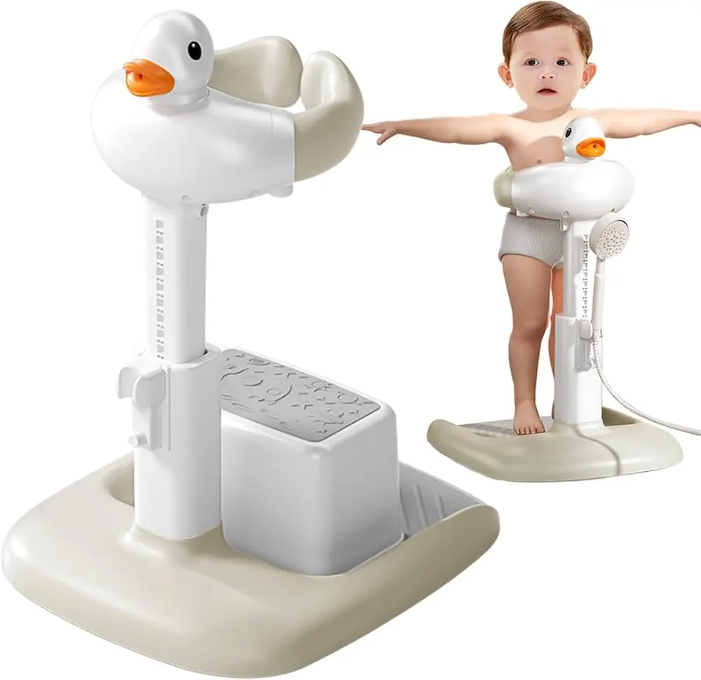 Baby bath stand features a duck-shaped design with an adjustable height and an anti-slip base with rubber mat. Duck makes sound