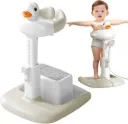 Baby bath stand features a duck-shaped design with an adjustable height and an anti-slip base with rubber mat. Duck makes sound