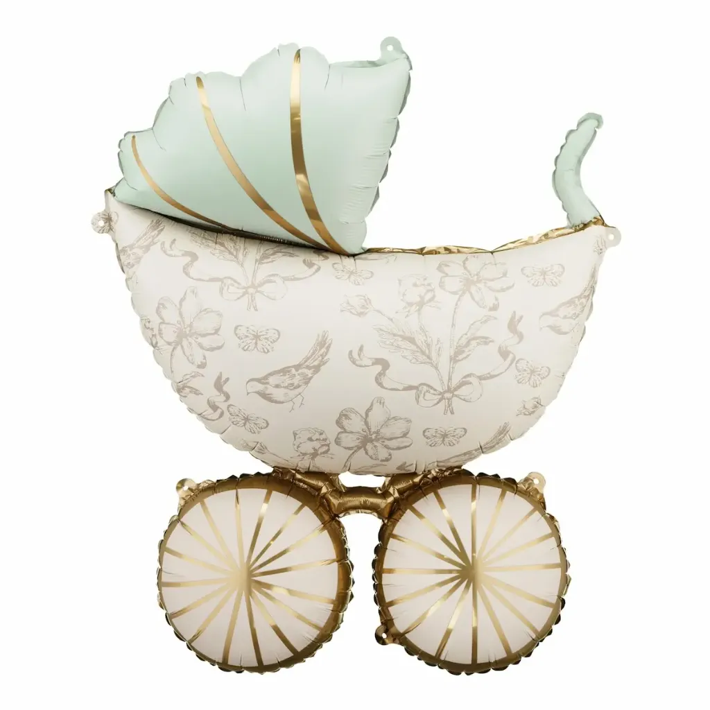 Vintage baby carriage in pastel green and gold.