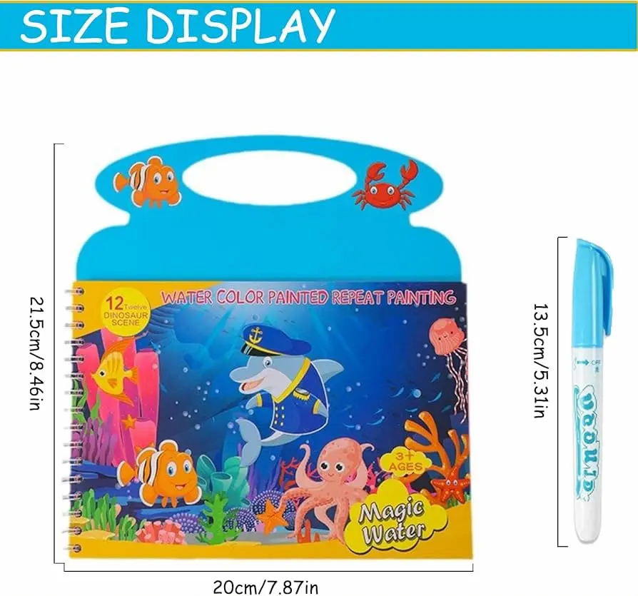 Magic Water Book features 4 reusable  pages that reveal colors when painted with the included refillable water pen