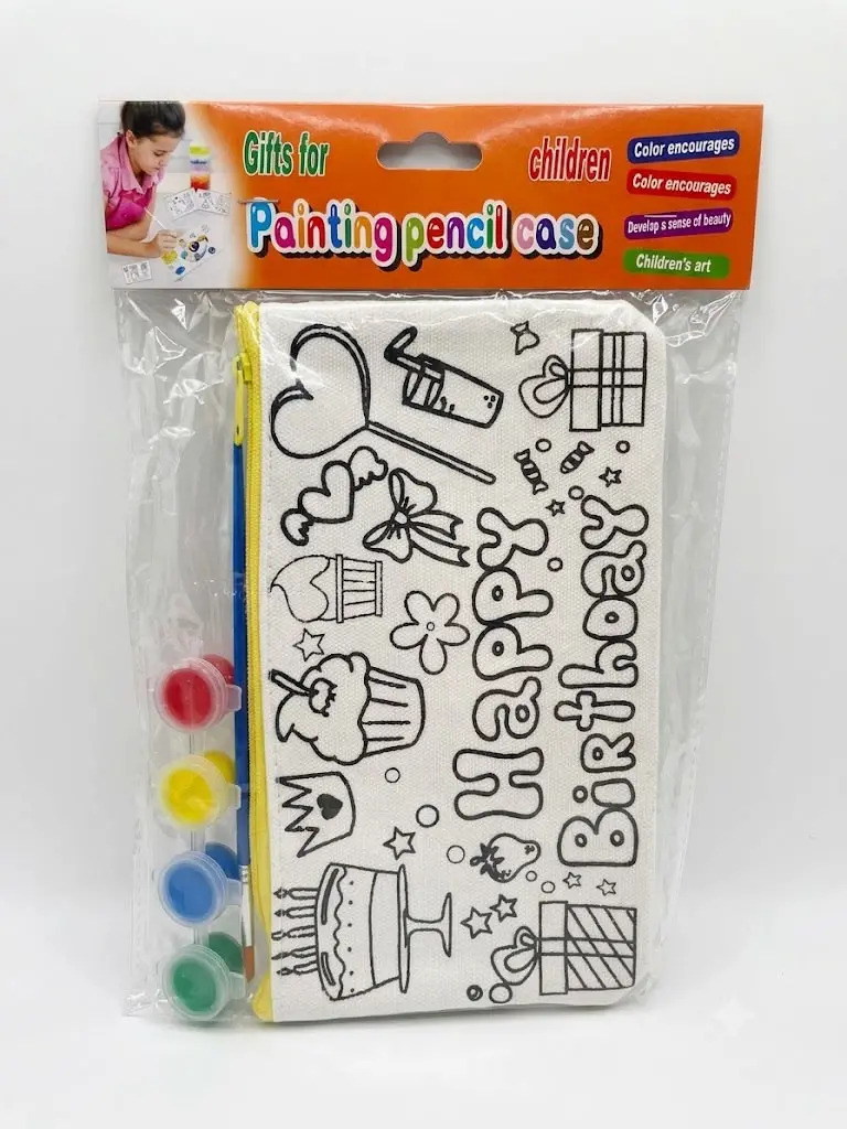 "Happy Birthday" coloring pencil case kit includes four small paint pots and a zipper pouch for creative activities