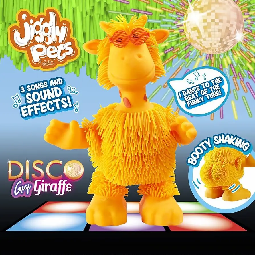 Rubbery Dancing Disco Giraffe, stretchy yellow hair and orange party sunglasses.