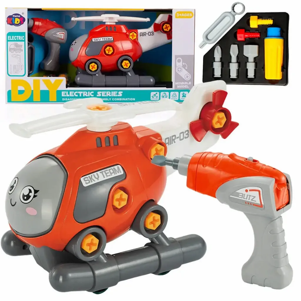 Helicopter DIY toy kit features interchangeable parts and a battery-powered drill for assembly