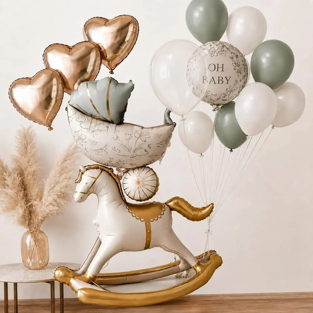 Vintage-style foil balloons including a rocking horse, a baby pram, and heart shapes, 12 pieces set