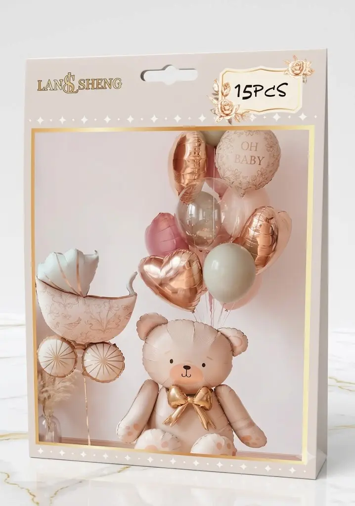 Large sitting teddy bear foil balloon set 15-piece baby shower balloon decoration set featuring teddy bear and baby carriage themes with a gold heart, along with various pastel latex balloons
