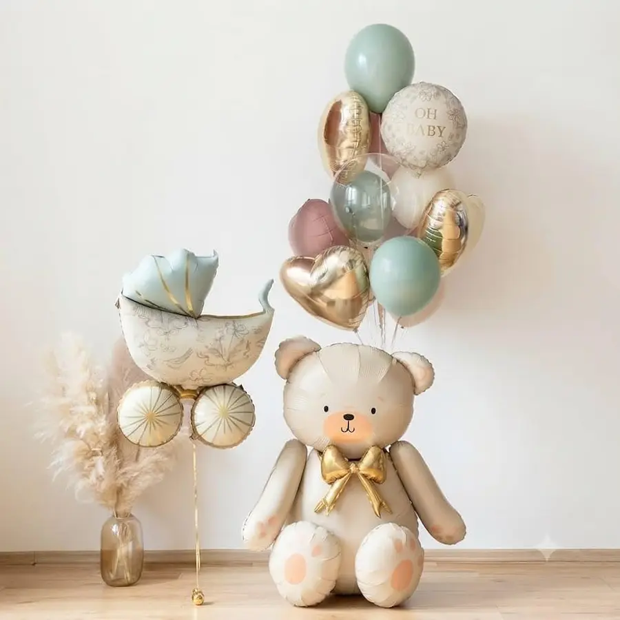 Large sitting teddy bear foil balloon set 15-piece baby shower balloon decoration set featuring teddy bear and baby carriage themes with a gold heart, along with various pastel latex balloons