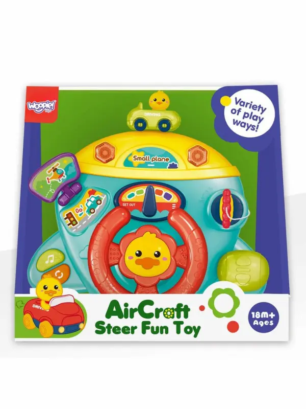 Airplane steering wheel toy with interactive buttons that play cheerful melodies and authentic sound effects.