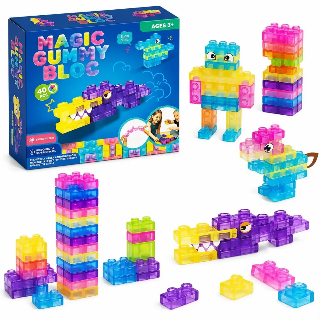 Magic Gummy Bloc 40-piece sensory building set featuring soft, squishy, and translucent interlocking bricks.