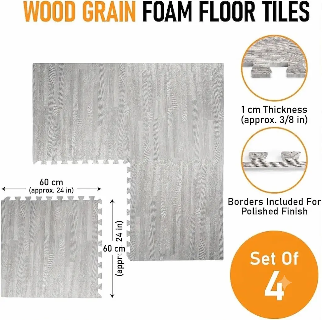 Foam floor puzzle mat featuring a grey wood grain design. piece 60*60cm thickness 1cm. pack of 4 pieces