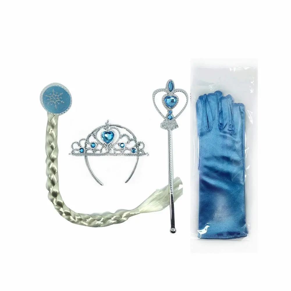 Elsa-themed costume accessory set includes a tiara, magic wand, and hair braid featuring signature blue gems