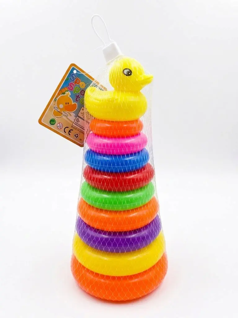 Baby stacking ring toy featuring colorful rings and a duck-shaped topper