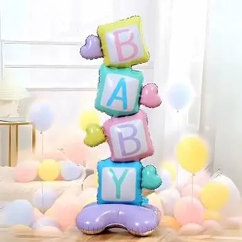 Freestanding "BABY" blocks tower foil balloon designed for baby showers and welcome-party decorations