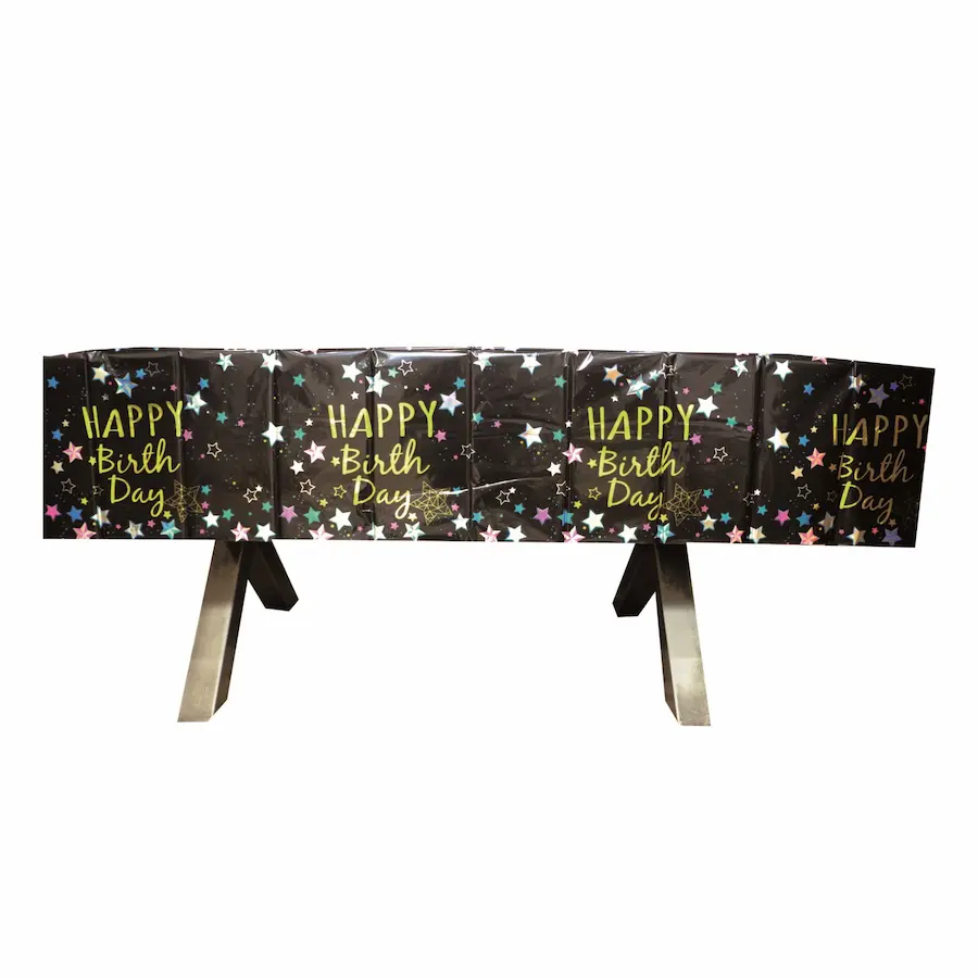 Happy birthday table cover reusable, black and gold with colored stars