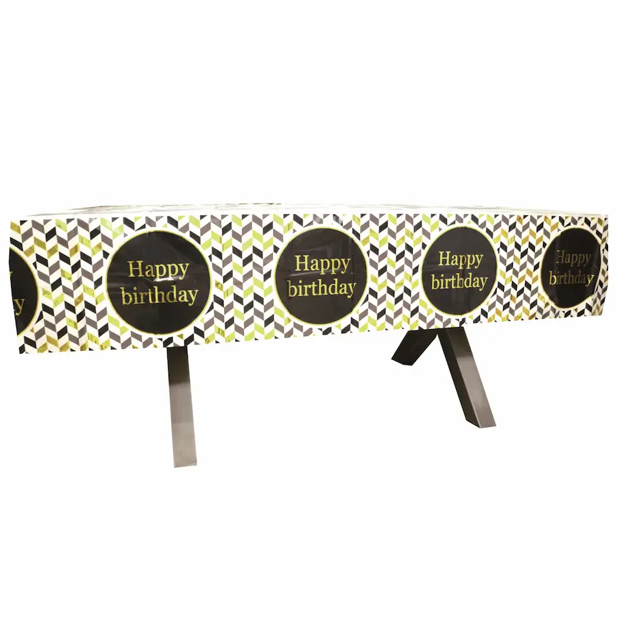 Happy birthday table cover reusable, black, white and gold