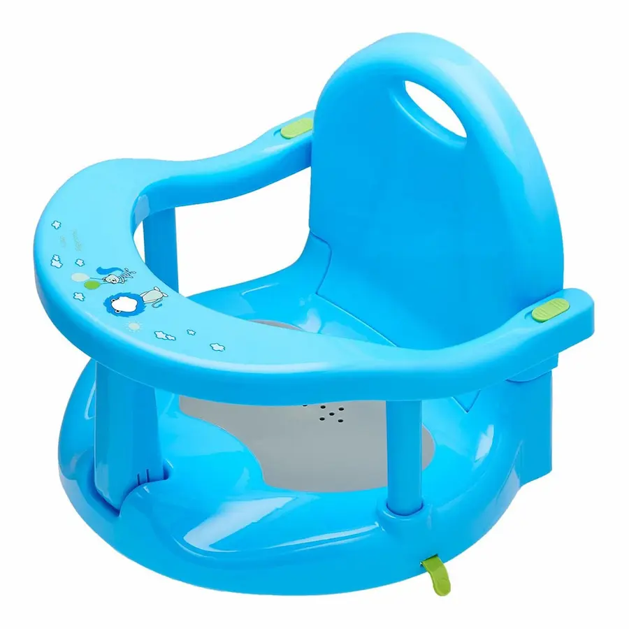 Foldable non-slip baby bath seat designed with a high backrest and supportive armrests for infants approximately 6 to 24months old learning to sit up.