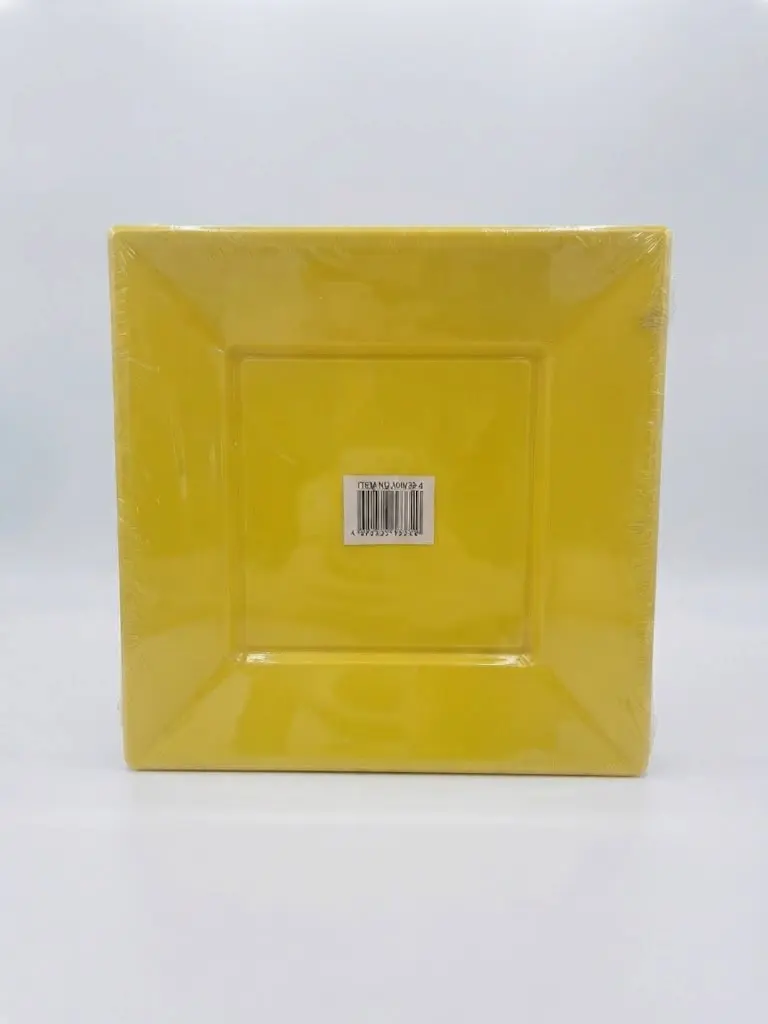 Yellow square disposable plastic plates, pack of 10 plates