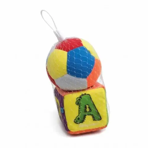 Multi-colored soft ball and a matching soft alphabet block for babies