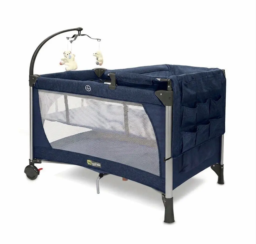 Portable folding baby travel Playpen with a high mosquito net canopy and wheels, Navy blue. Brand CoolBaby