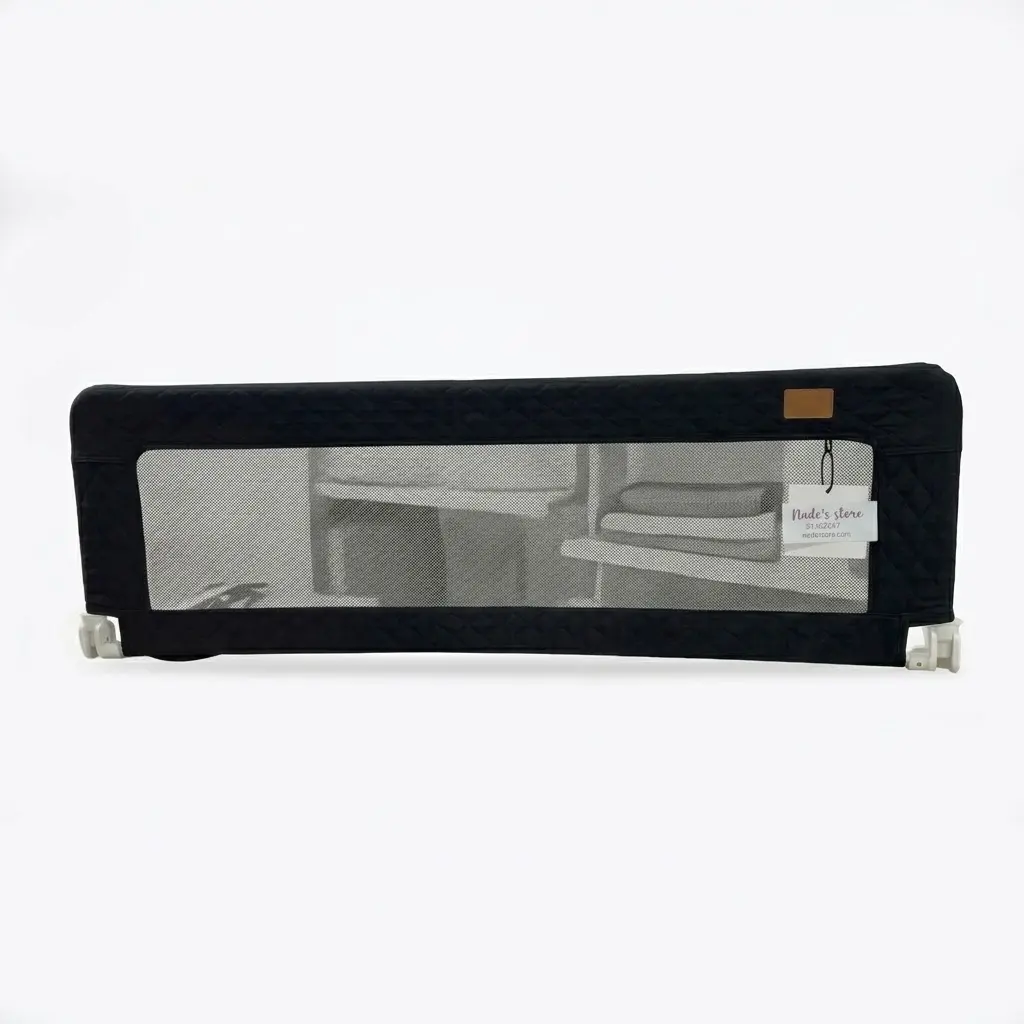 Baby bed rail guard with a mesh center and quilted Black fabric trim designed to prevent children from falling out of bed. size:120*42cm