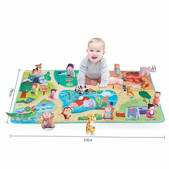 Baby play mat and activity blanket featuring a jungle or safari animal theme with various plush or standing animal figures.