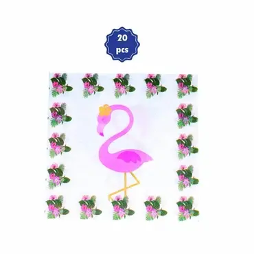 Flamingo-themed disposable paper napkins featuring a central pink flamingo graphic and a delicate floral border