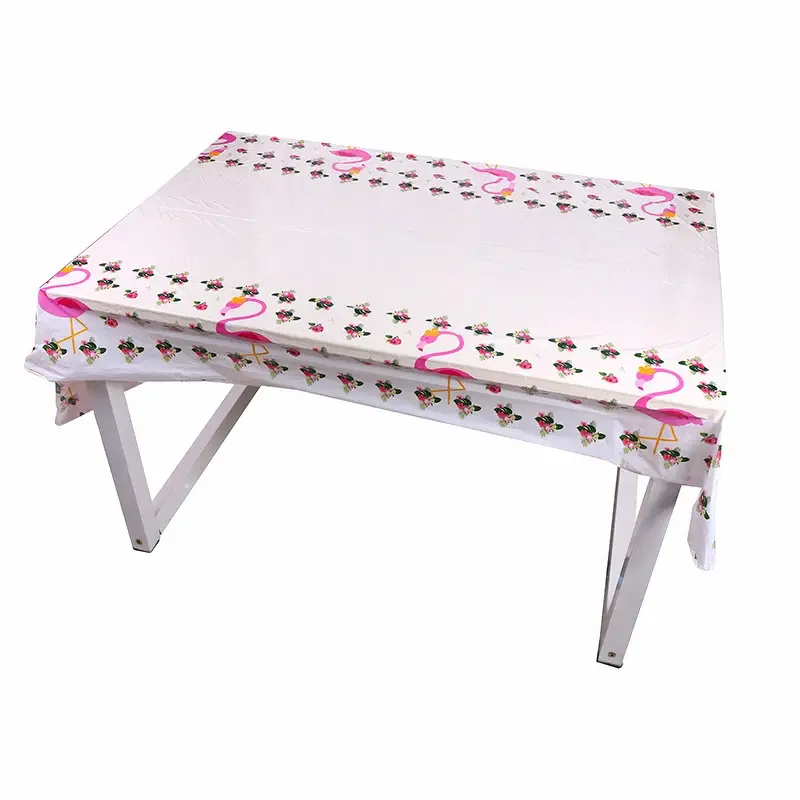 Flamingo-themed disposable table cover featuring a central pink flamingo graphic and a delicate floral border