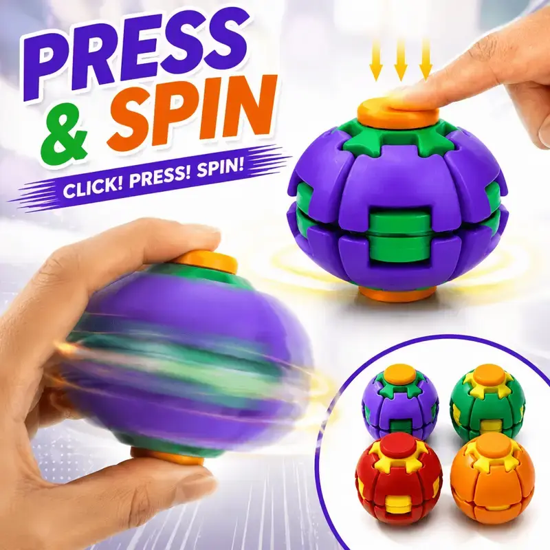 Press-to-Spin Fidget Stress Ball, which is a 2-in-1 sensory and decompression toy designed for stress relief and focus