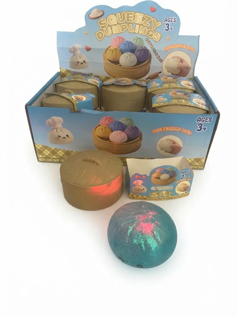 Glitter Dumpling sensory toys, which are soft, squishable stress-relief fidget toys shaped like dumplings inside little steamer baskets with light