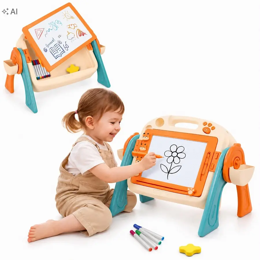 Multi-functional children's 360-degree rotating double-sided drawing and writing board set with a storage tray and colorful markers