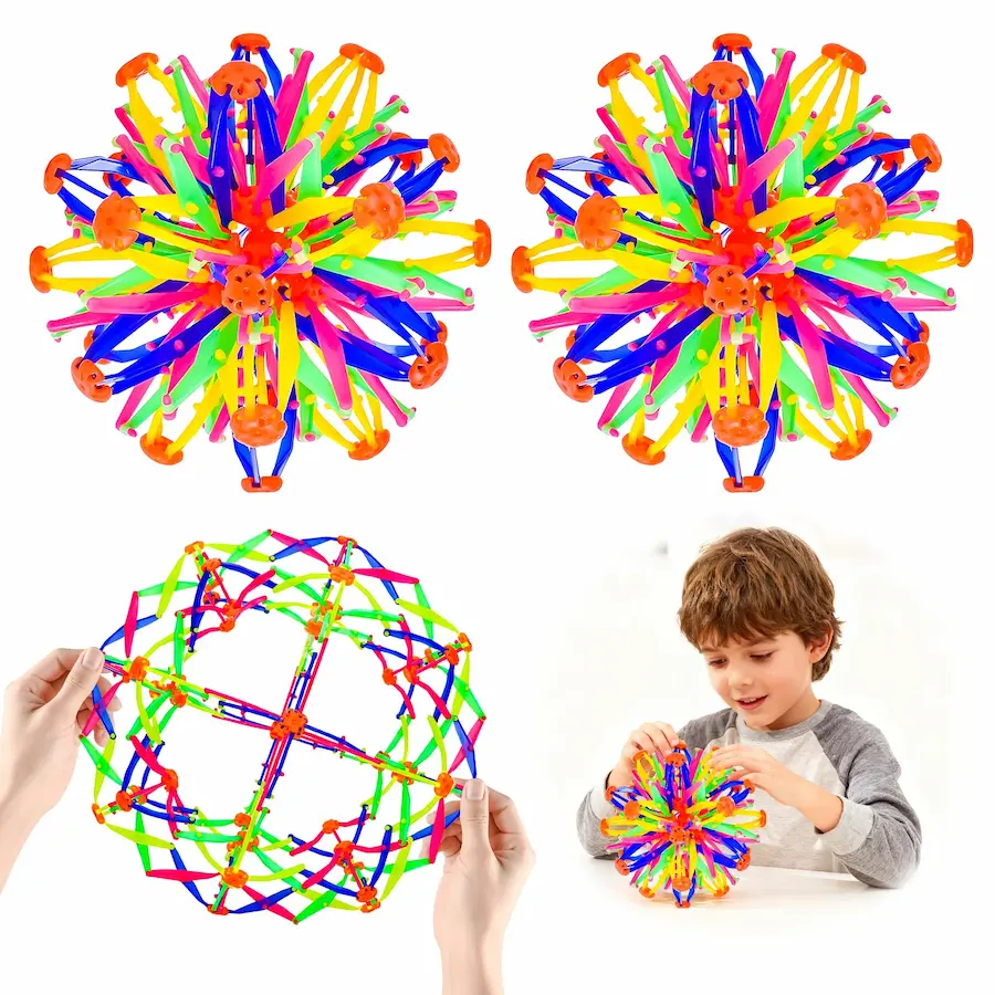 Expandable Breathing Ball or magic expanding sphere. It is made of interlocking plastic rods that expand outward into a large sphere or contract into a compact shape