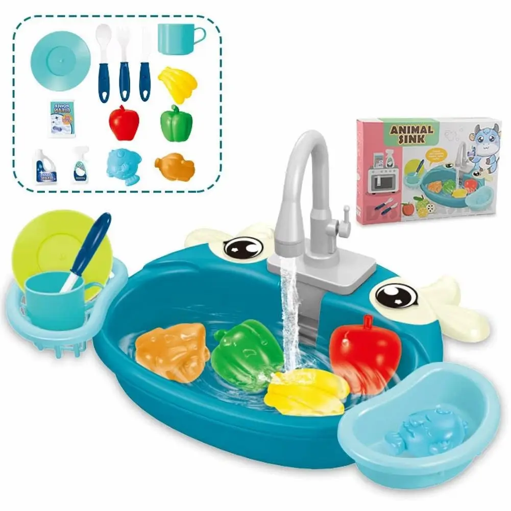 Animal-themed blue kids' kitchen sink toy featuring an electric circulating water faucet and play dishes and food accessories