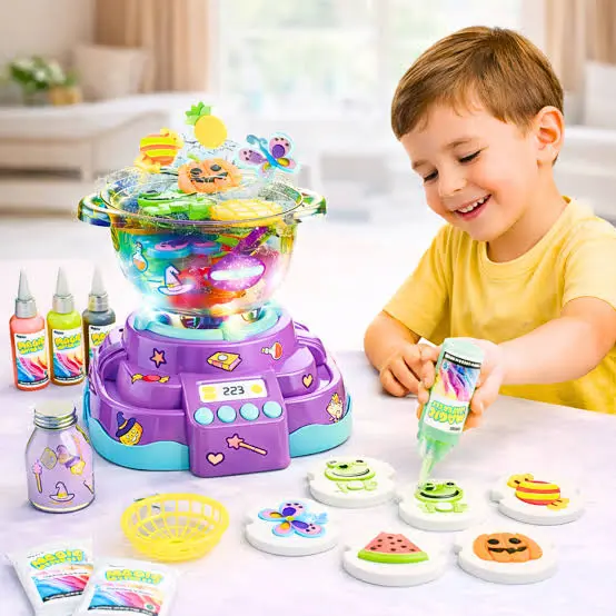 Magic Water Elf DIY kit featuring a purple toy hot pot station, colored gel bottles, molds, and tools to create 3D water gel figures