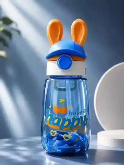 Kids water bottle featuring a bunny ear cap design and a "have a happy" print.