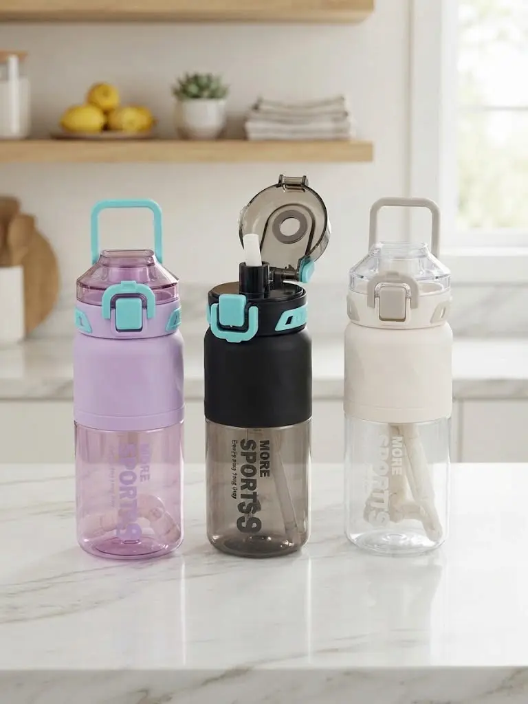 Plastic water bottles with locking lids and carrying handles
