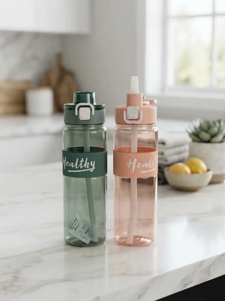Plastic sports water bottles with flip-top lids and built-in straws
